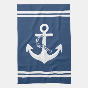 Anchor Nautical Sailing Boating White Navy Blue Tea Towel