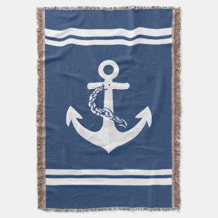Anchor Nautical Sailing Boating White Navy Blue Throw Blanket