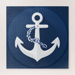 Anchor Nautical Symbol Classic White Navy Blue Jigsaw Puzzle