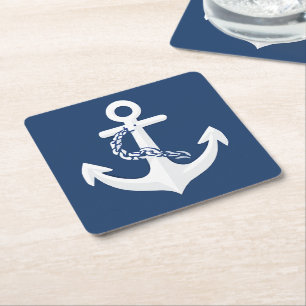 Anchor Nautical Symbol Classic White Navy Blue  Square Paper Coaster