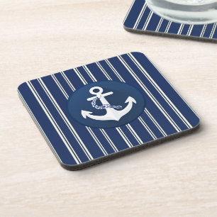Anchor Nautical Symbol White Navy Blue Coaster
