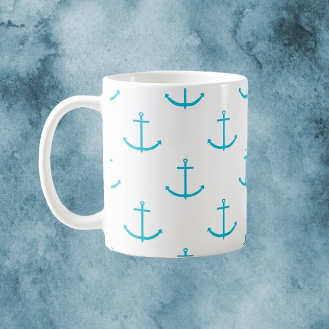 Anchor Nautical Turquoise Pattern Coffee Mug (A mug with a pattern of turquoise anchors.)