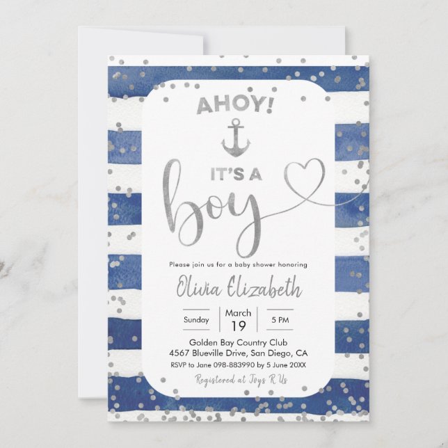 Anchor Navy Blue and Silver Stripes It's a Boy Invitation (Front)