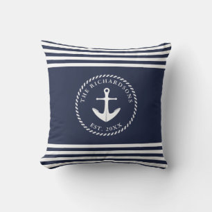 Anchor Navy Blue and White Striped Coastal Style Cushion