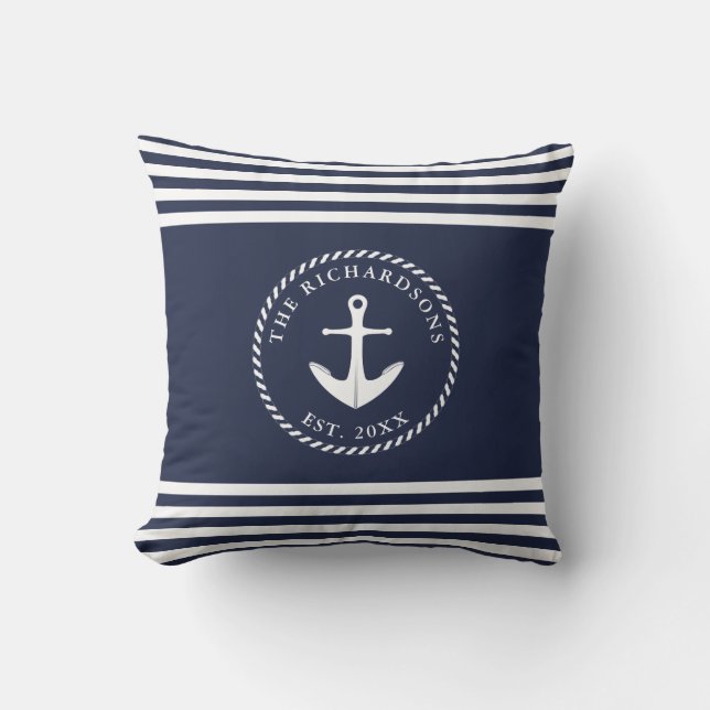 Anchor Navy Blue and White Striped Coastal Style Cushion (Front)