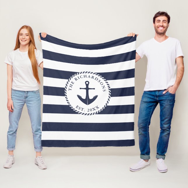 Anchor Navy Blue and White Striped Nautical Family Fleece Blanket (In Situ)