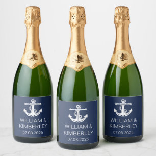 Anchor Navy Blue Nautical Elegant Wedding Sparkling Wine Label