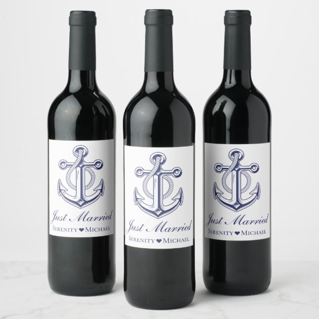 Anchor Navy Blue Nautical Just Married Wedding  Wine Label (Bottles)