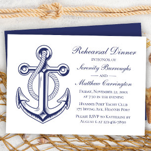 Anchor Navy Blue Nautical Wedding Rehearsal Dinner Invitation