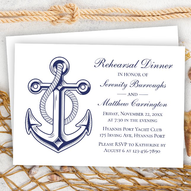 Anchor Navy Blue Nautical Wedding Rehearsal Dinner Invitation (Creator Uploaded)