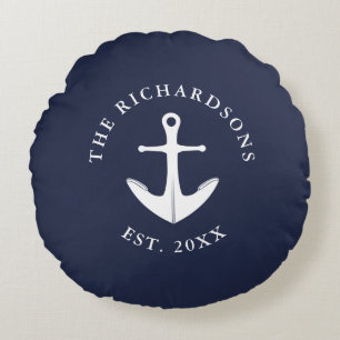 Anchor Navy Blue Personalised Nautical Round Cushion
