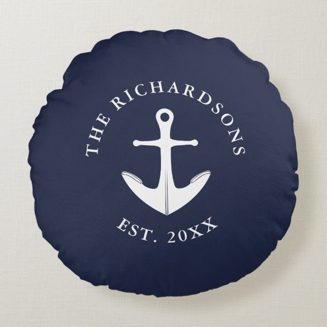 Anchor Navy Blue Personalised Nautical Round Cushion (Front)