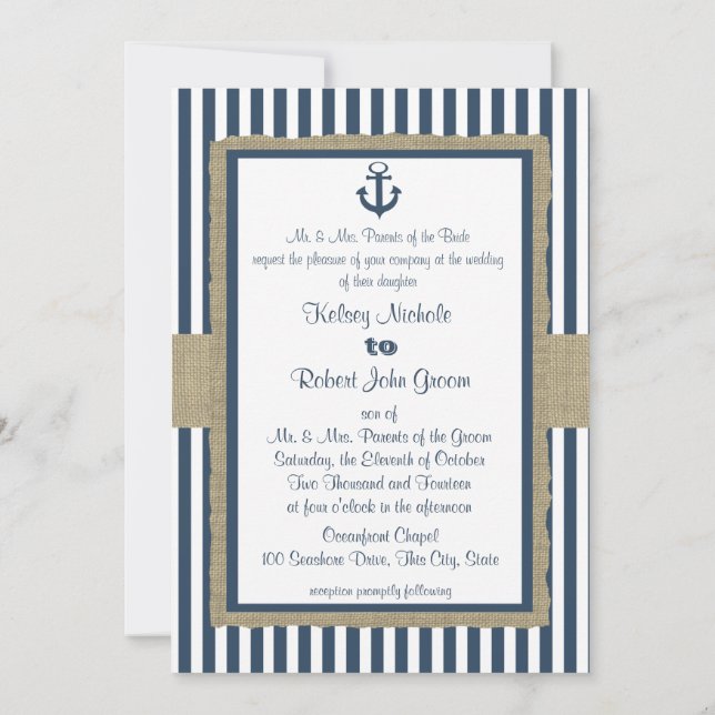 Anchor Navy Blue Stripes Beach Wedding Invitation (Back)