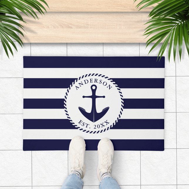 Anchor Navy Blue White Personalised Nautical Doormat (Navy Blue and White Personalized Nautical Doormat with Anchor and Stripes)
