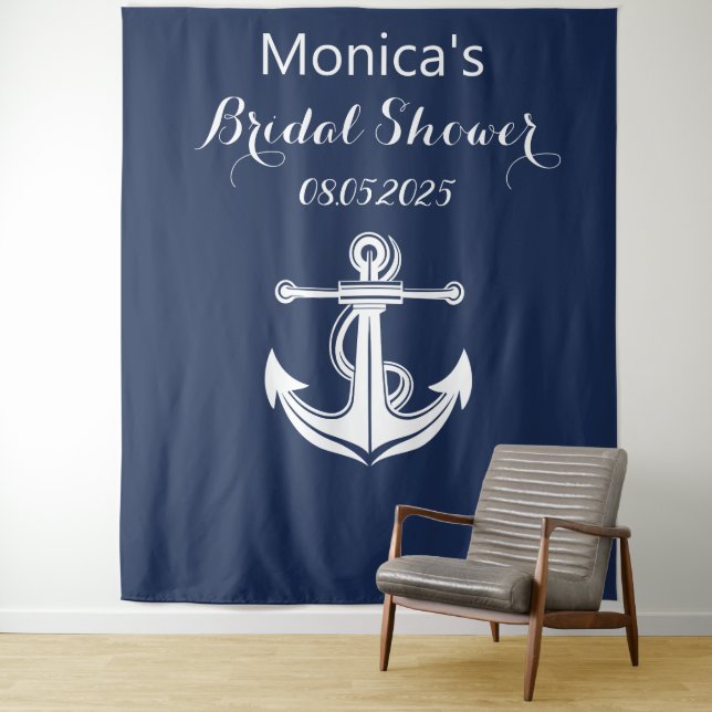 Anchor Navy Bridal Shower Backdrop banner Tapestry (In Situ)