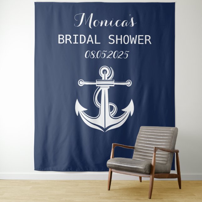 Anchor Navy Bridal Shower Backdrop banner Tapestry (In Situ)