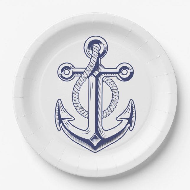 Anchor Ocean Sailor Navy Blue Nautical Wedding  Paper Plate (Front)