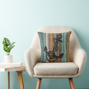 Anchor On Antique Weathered Wooden Planks Pattern Cushion