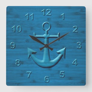 Anchor On Blue Wood Texture Print Square Wall Clock