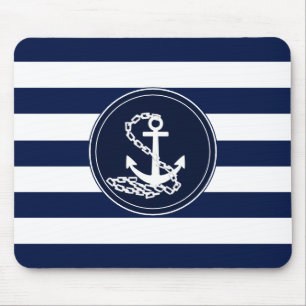 Anchor On Nautical Blue And White Stripes Sailor Mouse Pad