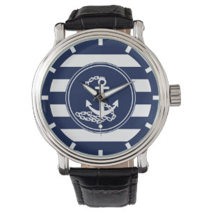 Anchor On Nautical Blue And White Stripes Sailor Watch