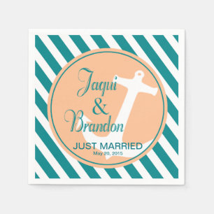 Anchor on Stripes Nautical   teal peach Napkin
