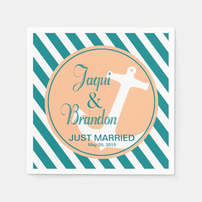 Anchor on Stripes Nautical | teal peach Napkin (Front)