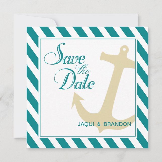 Anchor on Stripes Save the Date | teal white (Front)