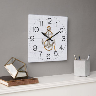 Anchor On Whitewashed Wood Square Wall Clock