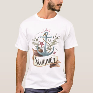 Anchor Palm Leaf Birds Starfish Typography Summer T-Shirt