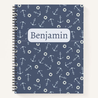 Anchor Pattern & Custom Name on Navy Blue Notebook