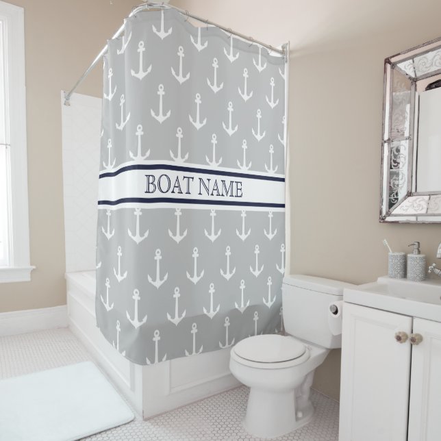 Anchor Pattern Grey Blue Nautical Boat Name  Shower Curtain (In Situ)