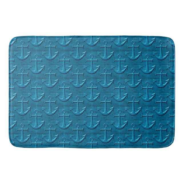 Anchor Pattern On Blue Wood Texture Bath Mat (Front)