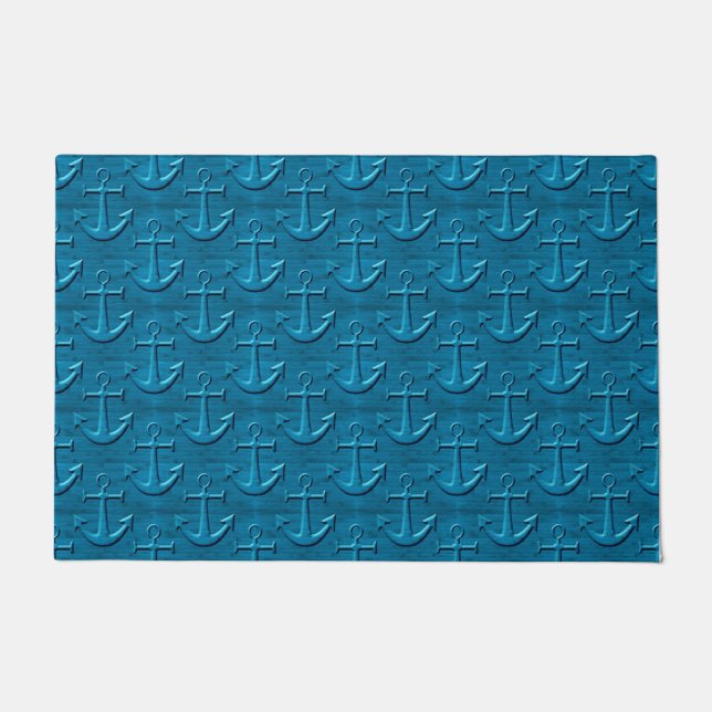 Anchor Pattern On Blue Wood Texture Doormat (Front)