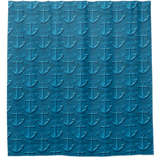 Anchor Pattern On Blue Wood Texture Shower Curtain (Front)