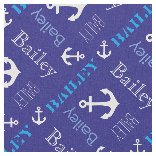 Anchor personalised name blue nautical text fabric (Close Up)