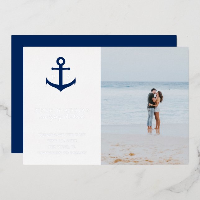 Anchor Photo Nautical Wedding Save The Date Silver (Front/Back)