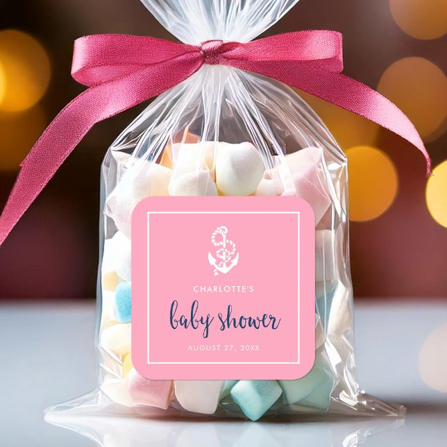 Anchor Pink and Blue Script Baby Shower Square Sticker (Creator Uploaded)