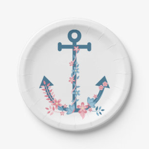Anchor Pink Blue Floral Nautical Bridal Shower  Paper Plate