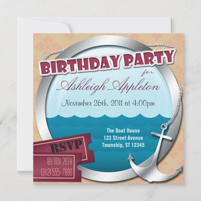 Anchor & Porthole At Sea Birthday Invitations (Front)