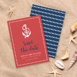 Anchor Red and Blue Script Save the Date<br><div class="desc">Stylish Nautical Save the Date featuring an anchor and the words "save the date" in a stylish blue script against a red background with a white border. Card has a white stripes pattern against a blue background back side. Check out other wedding items here https://www.zazzle.com/rosewoodandcitrus/gifts?cg=196540141241316965&rf=238364477188679314 Personalise it by replacing the...</div>
