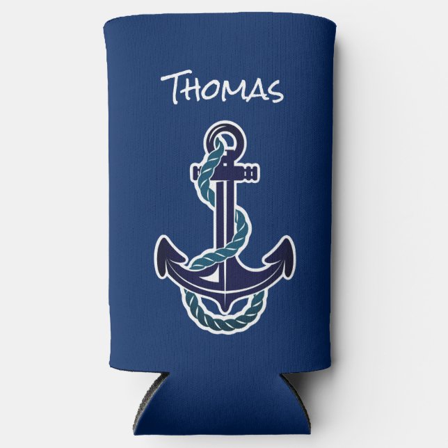 Anchor & Rope Blue Nautical Can Coolers (Front)