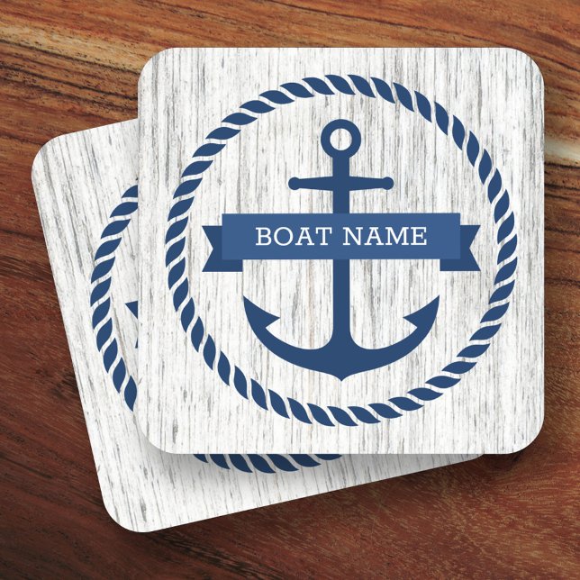Anchor rope border boat name driftwood background coaster (Creator Uploaded)