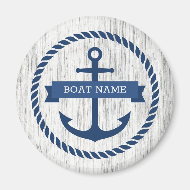 Anchor rope border boat name driftwood background magnet (Front)