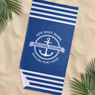 Anchor rope border boat name welcome aboard beach towel
