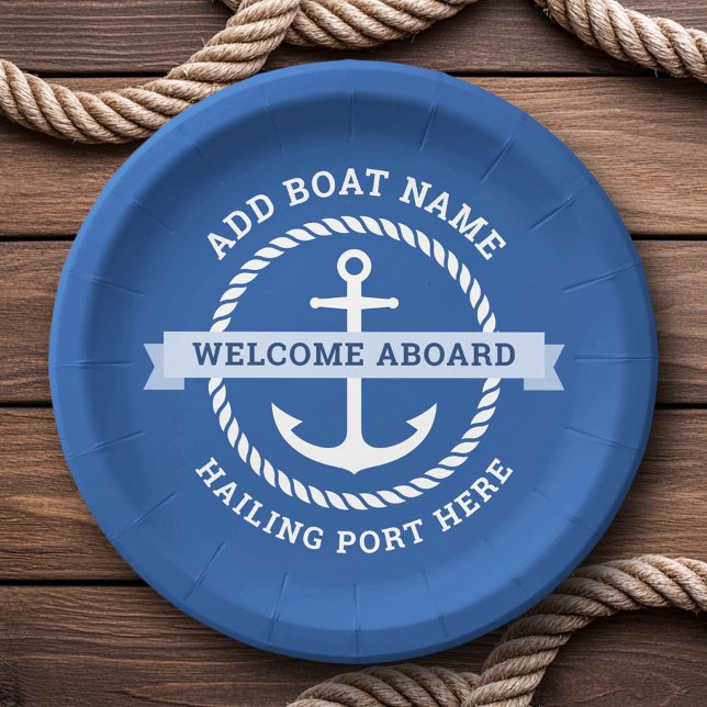 Anchor rope border boat name welcome aboard paper plate (Anchor rope border boat name welcome aboard paper plates)