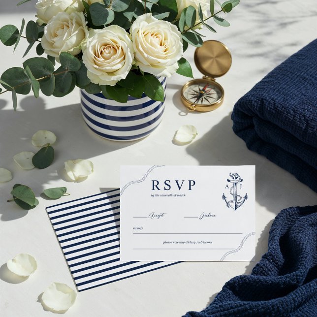 Anchor & Rope Nautical Monogram Navy & White RSVP Card (Anchor & Rope Nautical Monogram Navy & White RSVP Card)