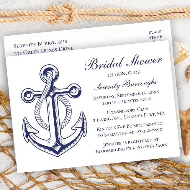 Anchor Sailor Navy Blue Nautical Bridal Shower  Invitation Postcard (Creator Uploaded)