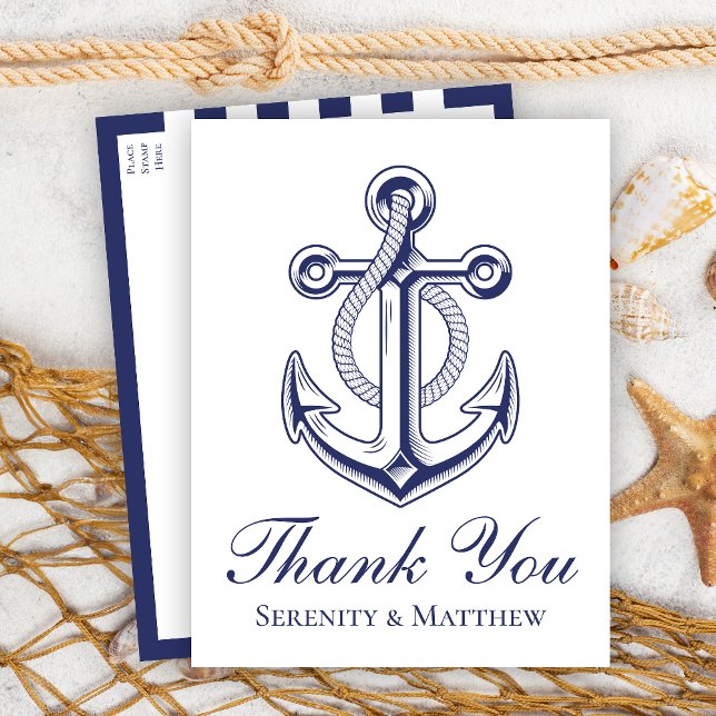Anchor Sailor Navy Blue Nautical Wedding Thank You Postcard (Creator Uploaded)