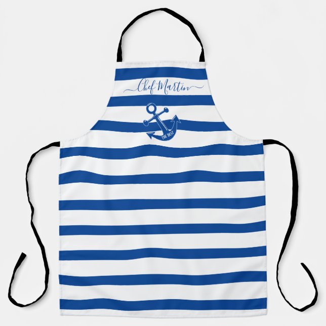 Anchor Script Personalised Blue Stripe  Apron (Front)